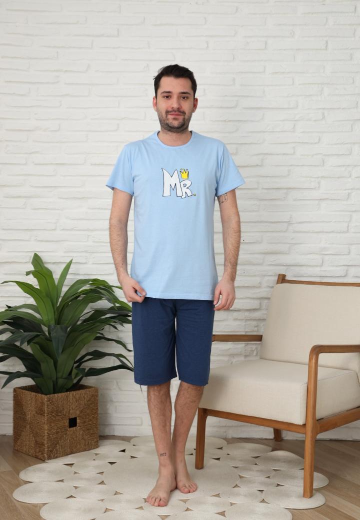 Pijama bărbați cu mânecă scurtă și pantaloni trei sferturi -MR, Albastru