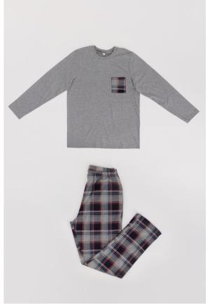 Pijama Bărbați Gri cu Buzunar Aplicat, Mânecă Lungă și Pantaloni Lungi