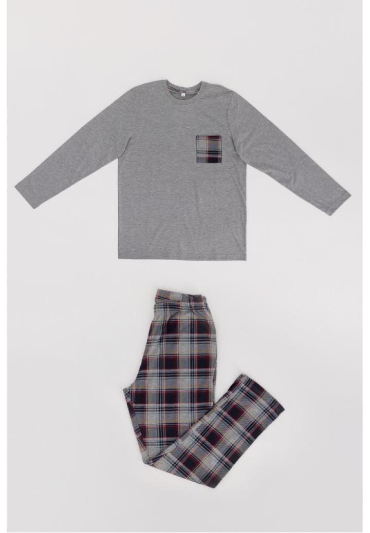 Pijama Bărbați Gri cu Buzunar Aplicat, Mânecă Lungă și Pantaloni Lungi