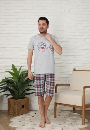 Pijamale barbati din bumbac, maneca scurta pantaloni trei sferturi imprimeu stropi de iubire