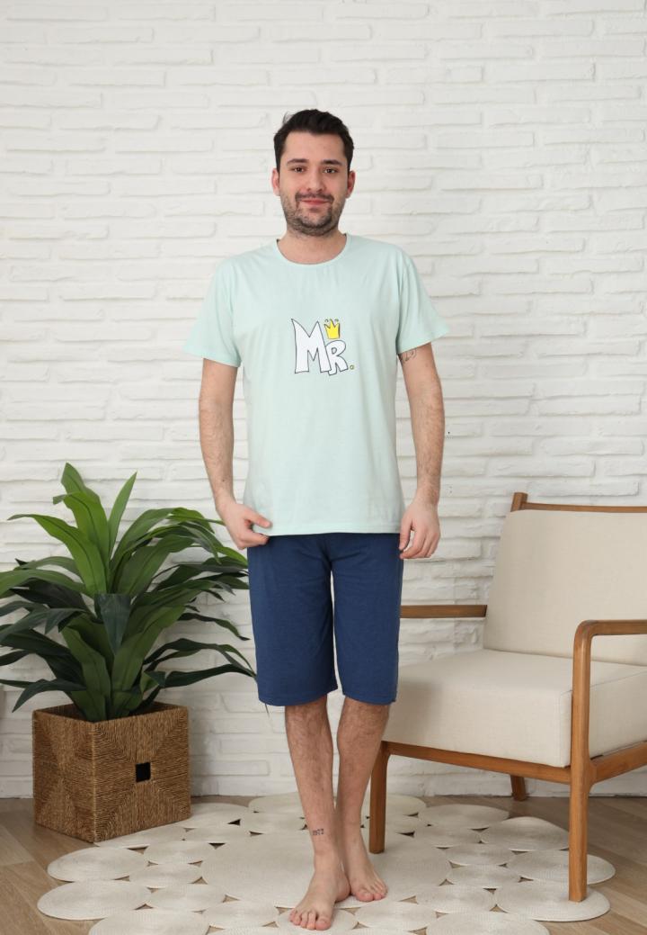 Pijama bărbați cu mânecă scurtă și pantaloni trei sferturi -MR, Verde Deschis