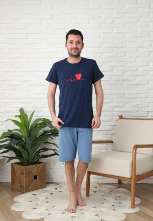 Pijama bărbați cu mânecă scurtă și pantaloni trei sferturi - inimă