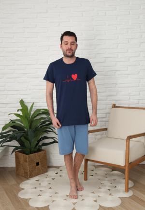 Pijama bărbați cu mânecă scurtă și pantaloni trei sferturi - inimă