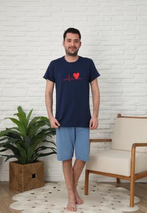 Pijama bărbați cu mânecă scurtă și pantaloni trei sferturi - inimă