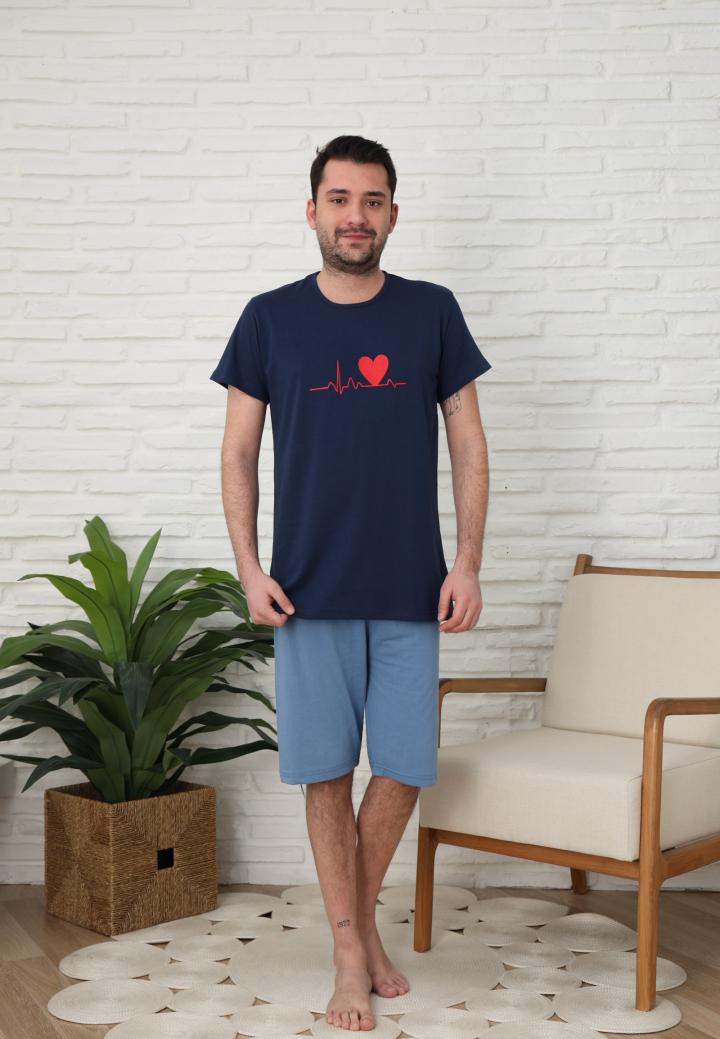 Pijama bărbați cu mânecă scurtă și pantaloni trei sferturi - inimă
