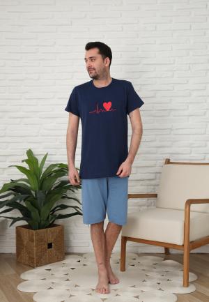 Pijama bărbați cu mânecă scurtă și pantaloni trei sferturi - inimă