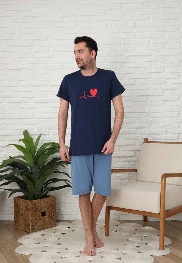 Pijama bărbați cu mânecă scurtă și pantaloni trei sferturi - inimă