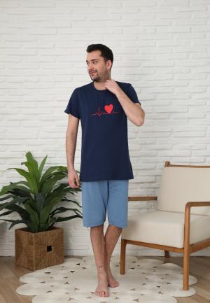 Pijama bărbați cu mânecă scurtă și pantaloni trei sferturi - inimă