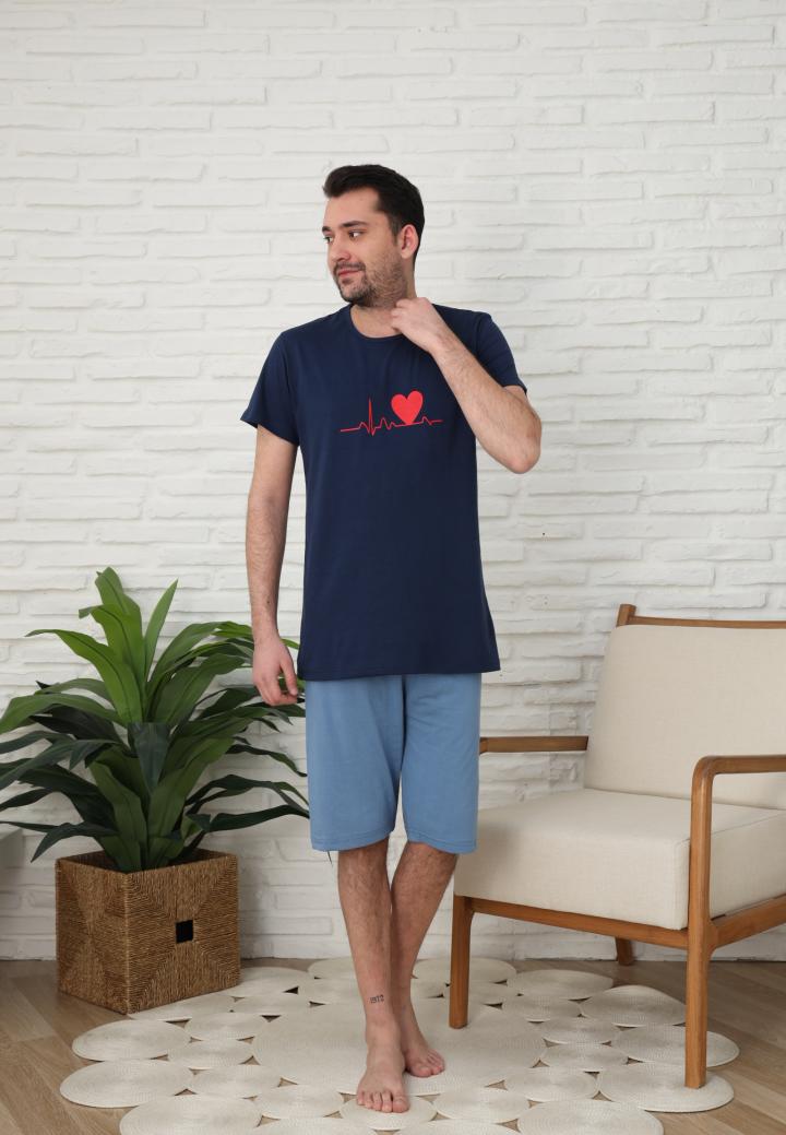 Pijama bărbați cu mânecă scurtă și pantaloni trei sferturi - inimă