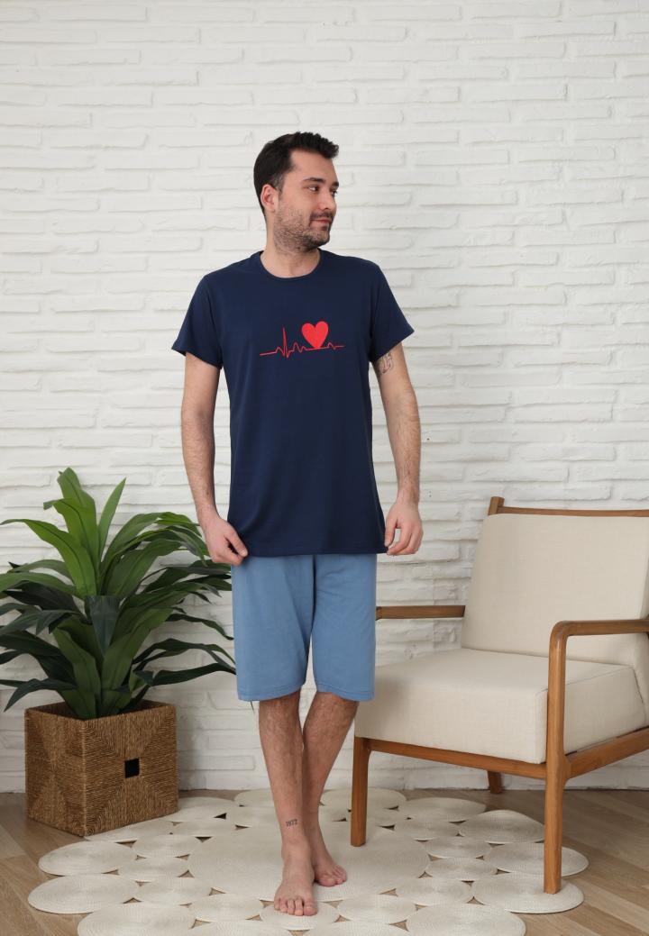 Pijama bărbați cu mânecă scurtă și pantaloni trei sferturi - inimă
