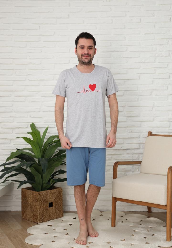 Pijamale barbati din bumbac,maneca scurta pantaloni trei sferturi,imprimeu inima