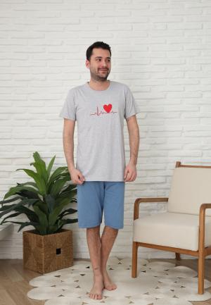 Pijamale barbati din bumbac,maneca scurta pantaloni trei sferturi,imprimeu inima
