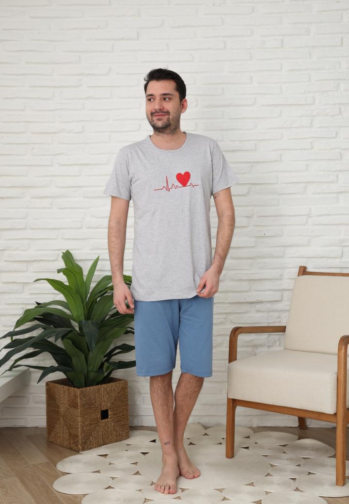 Pijamale barbati din bumbac,maneca scurta pantaloni trei sferturi,imprimeu inima