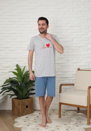 Pijamale barbati din bumbac,maneca scurta pantaloni trei sferturi,imprimeu inima