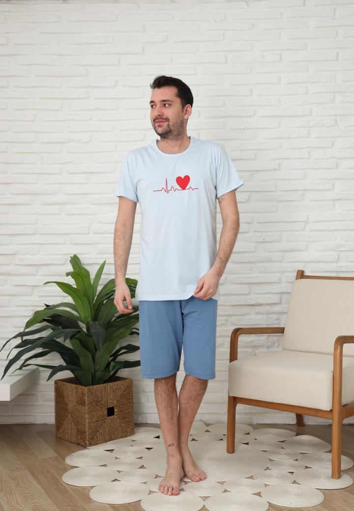 Pijama bărbați cu mânecă scurtă și pantaloni trei sferturi, Bleu