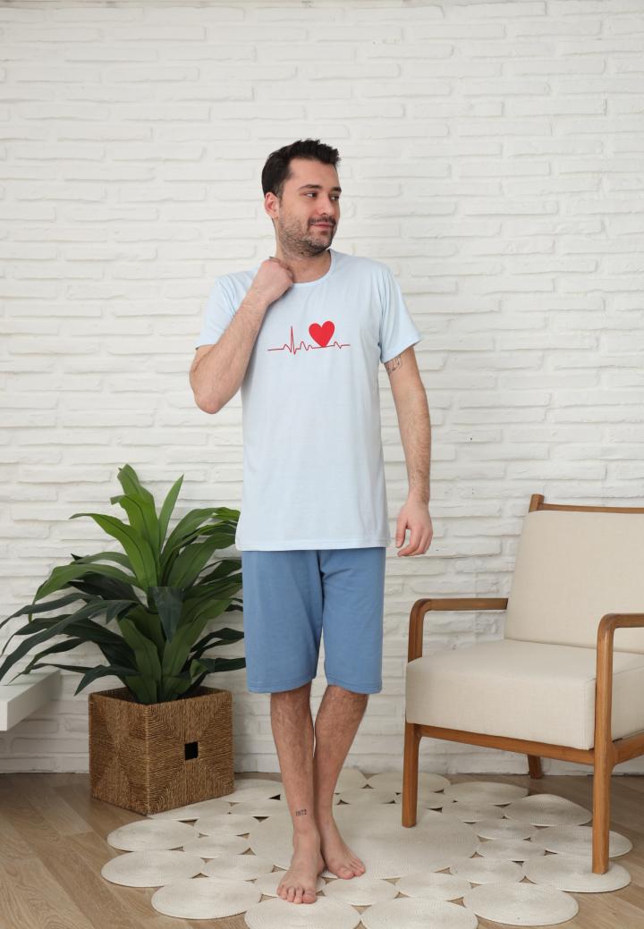 Pijama bărbați cu mânecă scurtă și pantaloni trei sferturi, Bleu