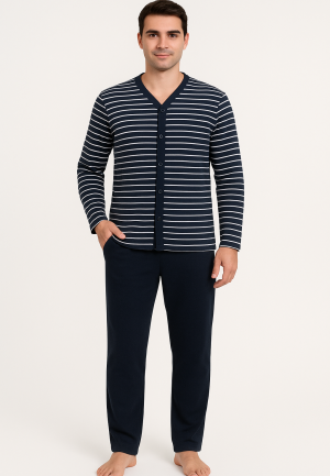 Pijamale barbati din bumbac, maneca lunga cu nasturi, pantaloni lungi