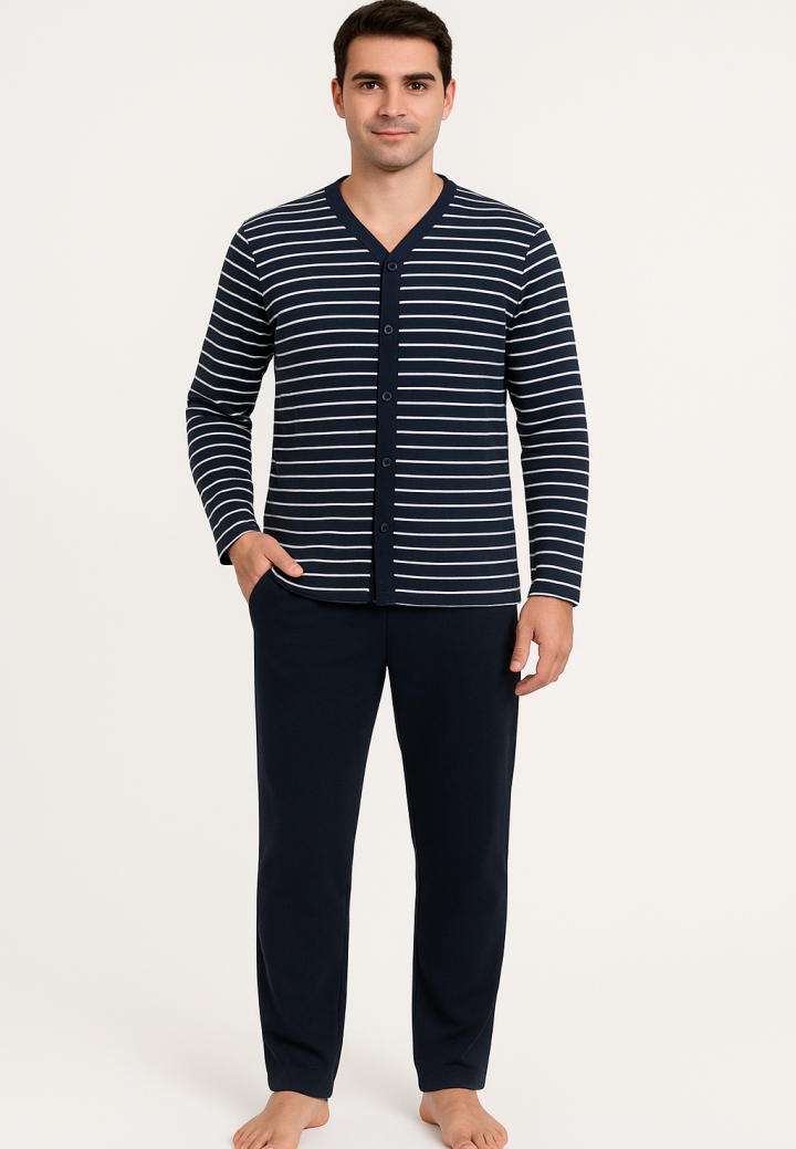 Pijamale barbati din bumbac, maneca lunga cu nasturi, pantaloni lungi