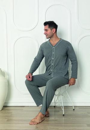 Pijama bărbat cu nasturi, mânecă lungă, pantaloni lungi, Gri