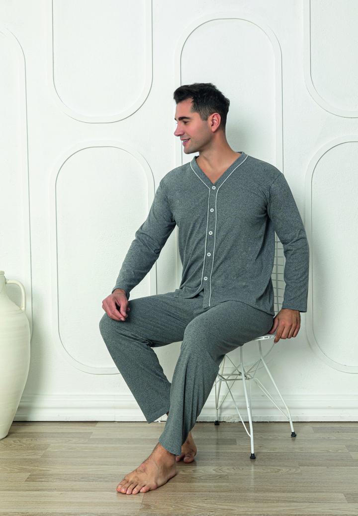Pijama bărbat cu nasturi, mânecă lungă, pantaloni lungi, Gri
