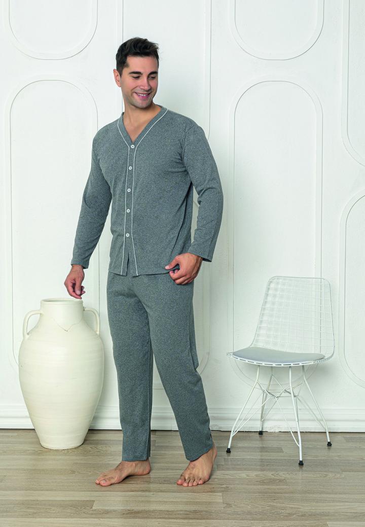 Pijama bărbat cu nasturi, mânecă lungă, pantaloni lungi, Gri