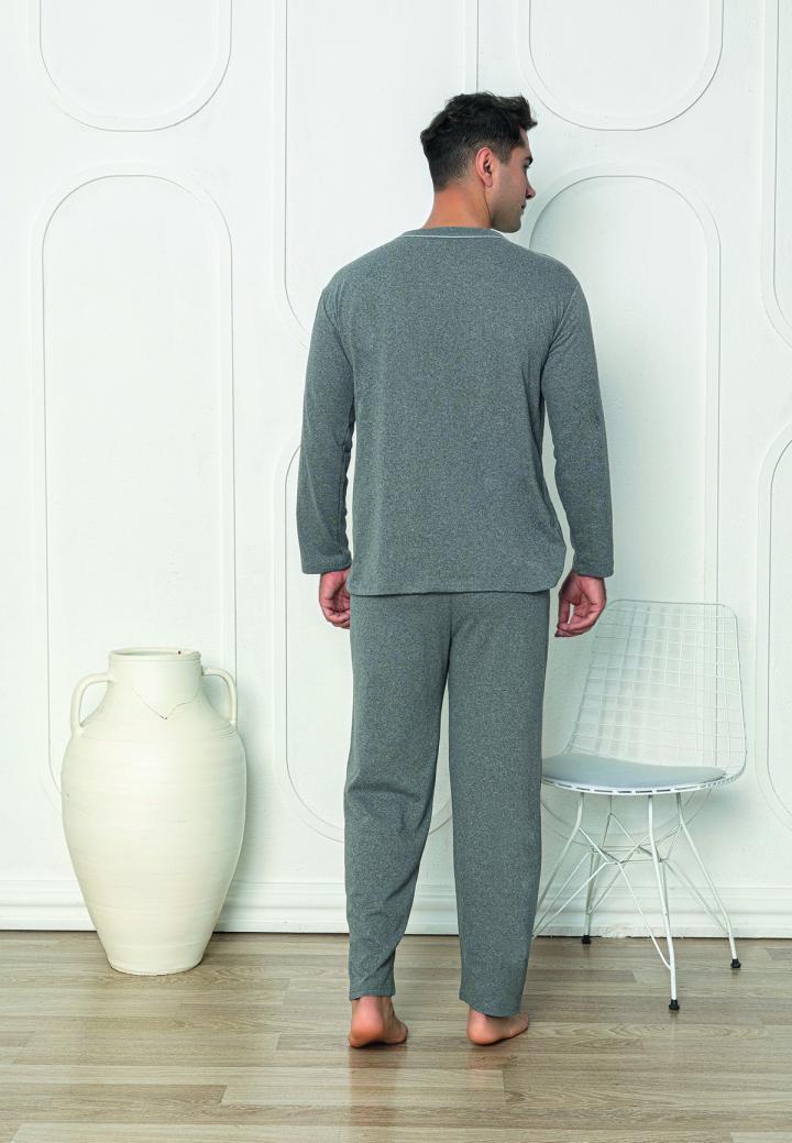 Pijama bărbat cu nasturi, mânecă lungă, pantaloni lungi, Gri