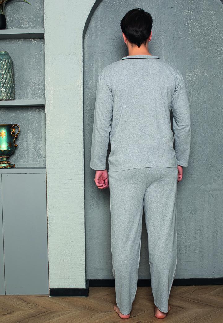 Pijama bărbat cu nasturi, mânecă lungă, pantaloni lungi, Gri deschis