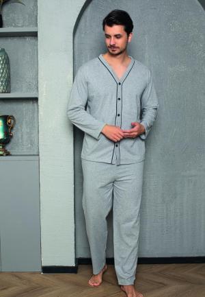 Pijama bărbat cu nasturi, mânecă lungă, pantaloni lungi, Gri deschis