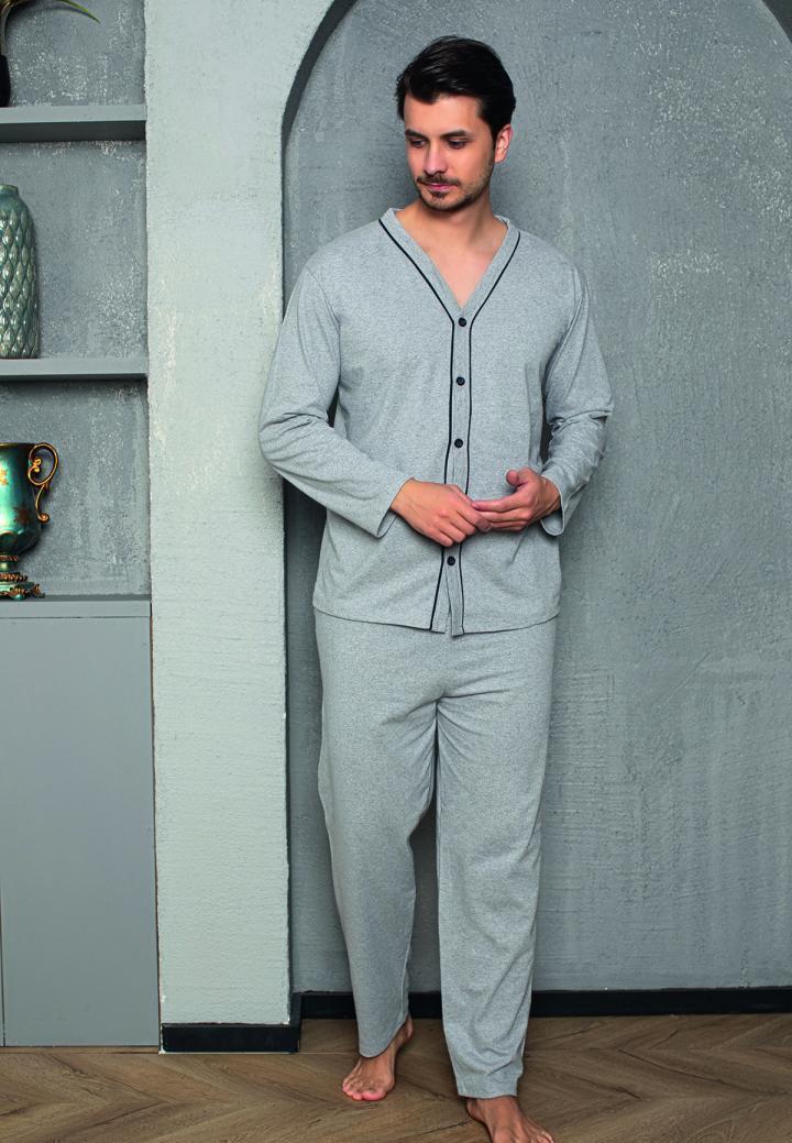 Pijama bărbat cu nasturi, mânecă lungă, pantaloni lungi, Gri deschis