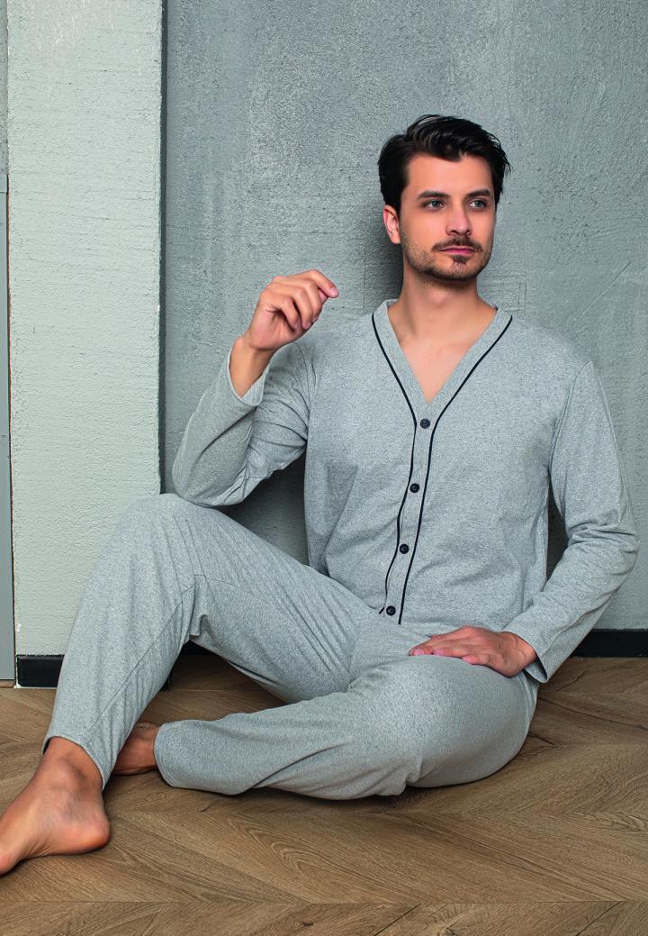 Pijama bărbat cu nasturi, mânecă lungă, pantaloni lungi, Gri deschis