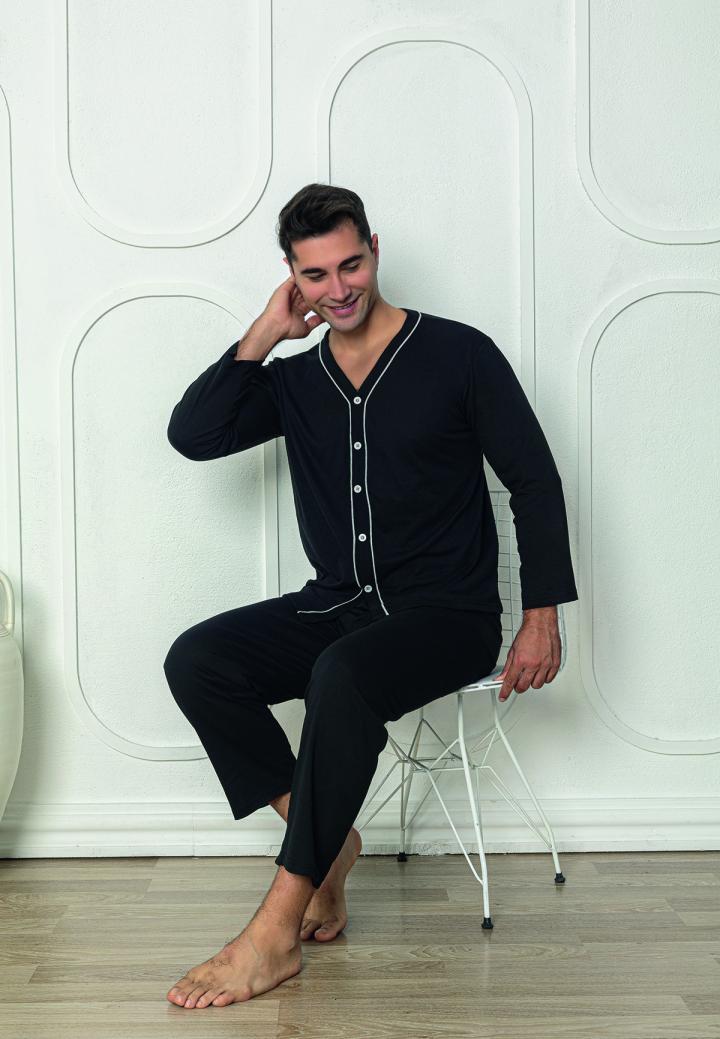 Pijama bărbat cu nasturi, mânecă lungă, pantaloni lungi, Negru