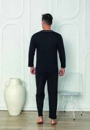 Pijama bărbat cu nasturi, mânecă lungă, pantaloni lungi, Negru