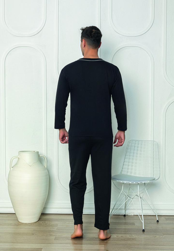 Pijama bărbat cu nasturi, mânecă lungă, pantaloni lungi, Negru