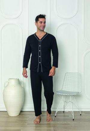 Pijama bărbat cu nasturi, mânecă lungă, pantaloni lungi, Negru