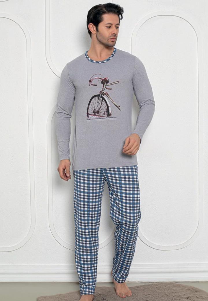 Pijama Bărbați Mâneci Lungi și Pantaloni Lungi cu Print Bicicletă,Gri