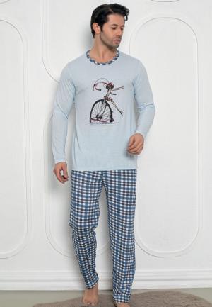 Pijama Bărbați Mâneci Lungi și Pantaloni Lungi cu Print Bicicletă,Blue