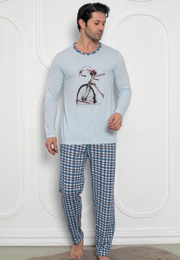 Pijama Bărbați Mâneci Lungi și Pantaloni Lungi cu Print Bicicletă,Blue