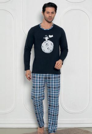 Pijama Bărbați Mâneci Lungi și Pantaloni Lungii, Print Astronaut,Bleumarin