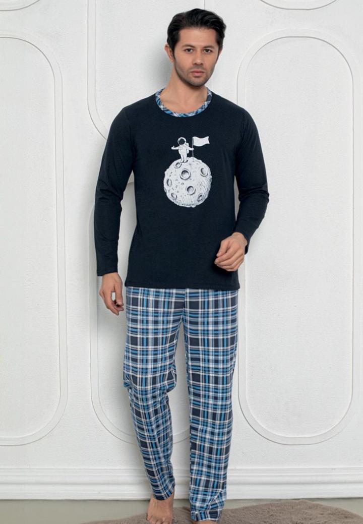 Pijama Bărbați Mâneci Lungi și Pantaloni Lungii, Print Astronaut,Bleumarin