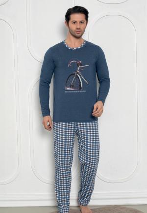 Pijama Bărbați Mâneci Lungi și Pantaloni Lungi cu Print Bicicletă,Albastru