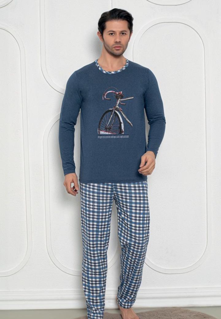 Pijama Bărbați Mâneci Lungi și Pantaloni Lungi cu Print Bicicletă,Albastru