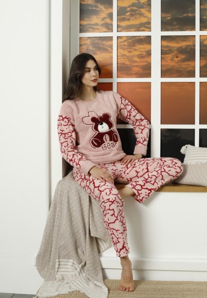 Pijama dama cocolino, pufoasa si calduroasa, imprimeu urs, Roz