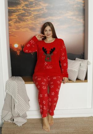 Pijama damă cocolino Big Size, imprimeu ren Crăciun, roșu