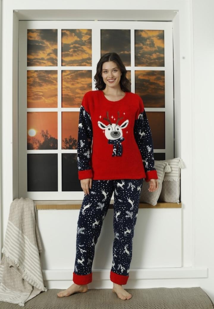 Pijama damă cocolino, pufoasă și călduroasă, imprimeu ren de Crăciun