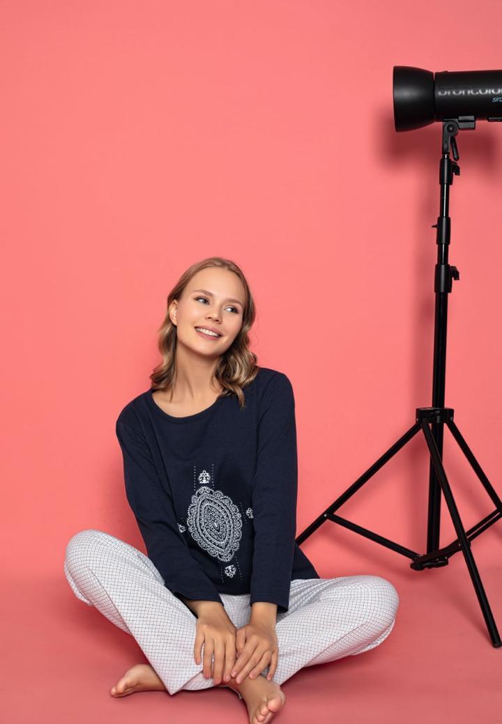 Pijama Damă Vătuită cu Mâneci Lungi, Bleumarin