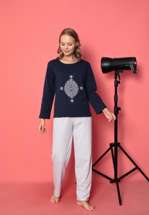 Pijama Damă Vătuită cu Mâneci Lungi, Bleumarin