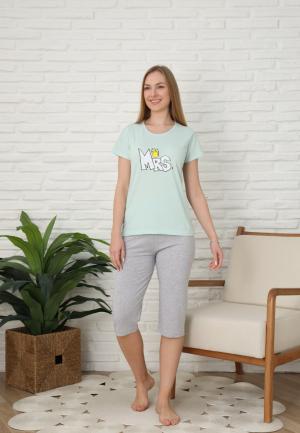 Pijama Dama cu Mâneca Scurtă și Pantaloni Trei Sferturi - Print MRS, Verde Deschis