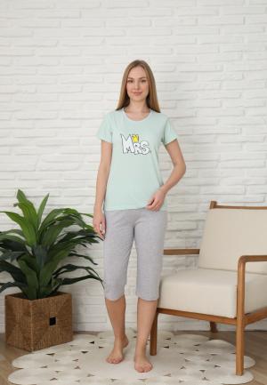 Pijama Dama cu Mâneca Scurtă și Pantaloni Trei Sferturi - Print MRS, Verde Deschis