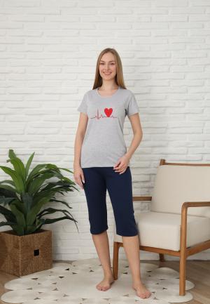 Pijama Dama Mânecă Scurtă și Pantaloni Trei Sferturi - Imprimeu Inimă, Gri