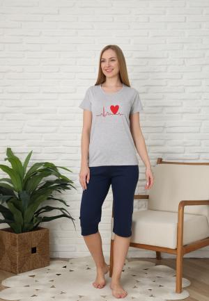 Pijama Dama Mânecă Scurtă și Pantaloni Trei Sferturi - Imprimeu Inimă, Gri